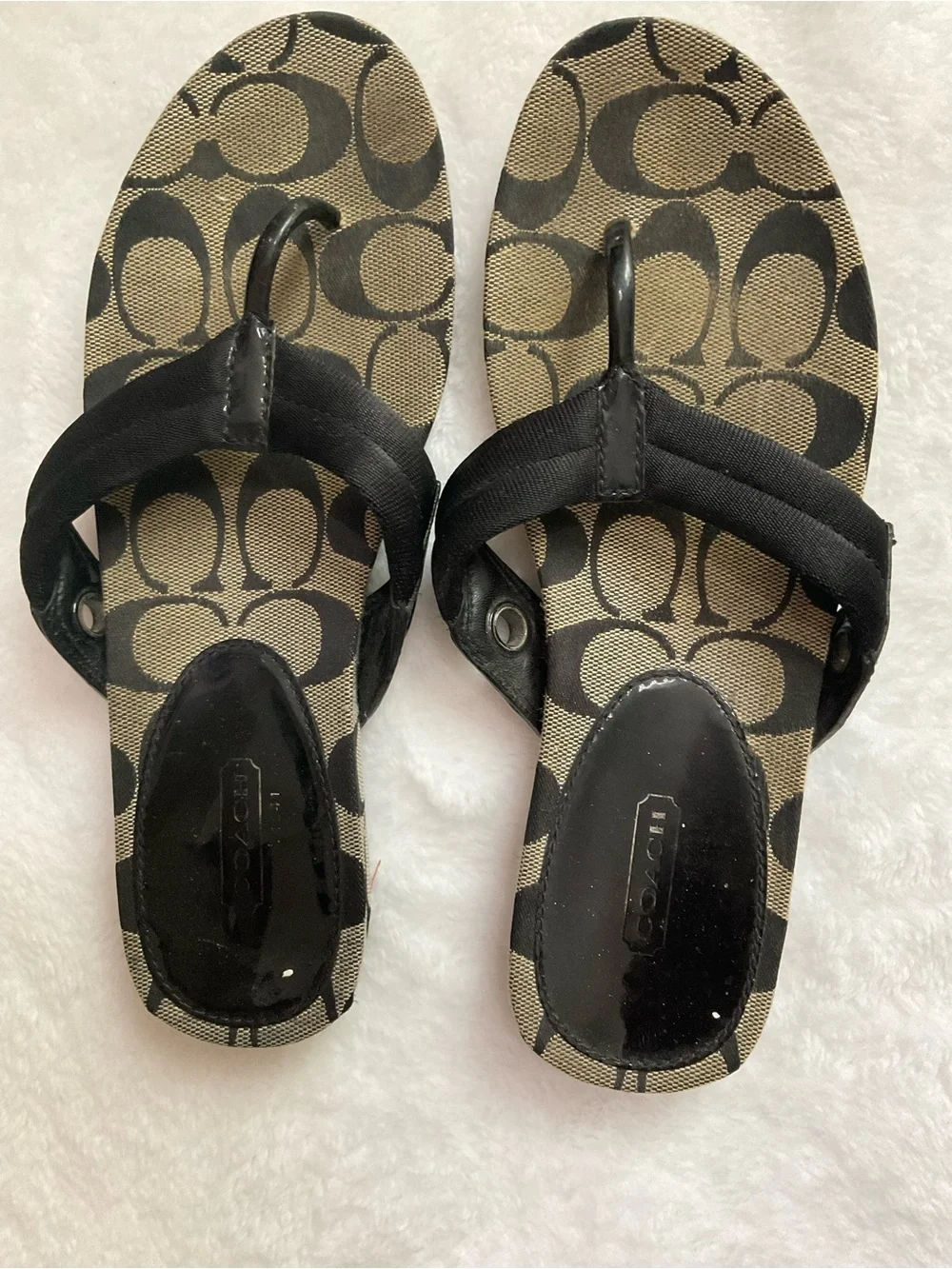 Coach Kids Canvas Logo Thong Sandals in Brown and Black